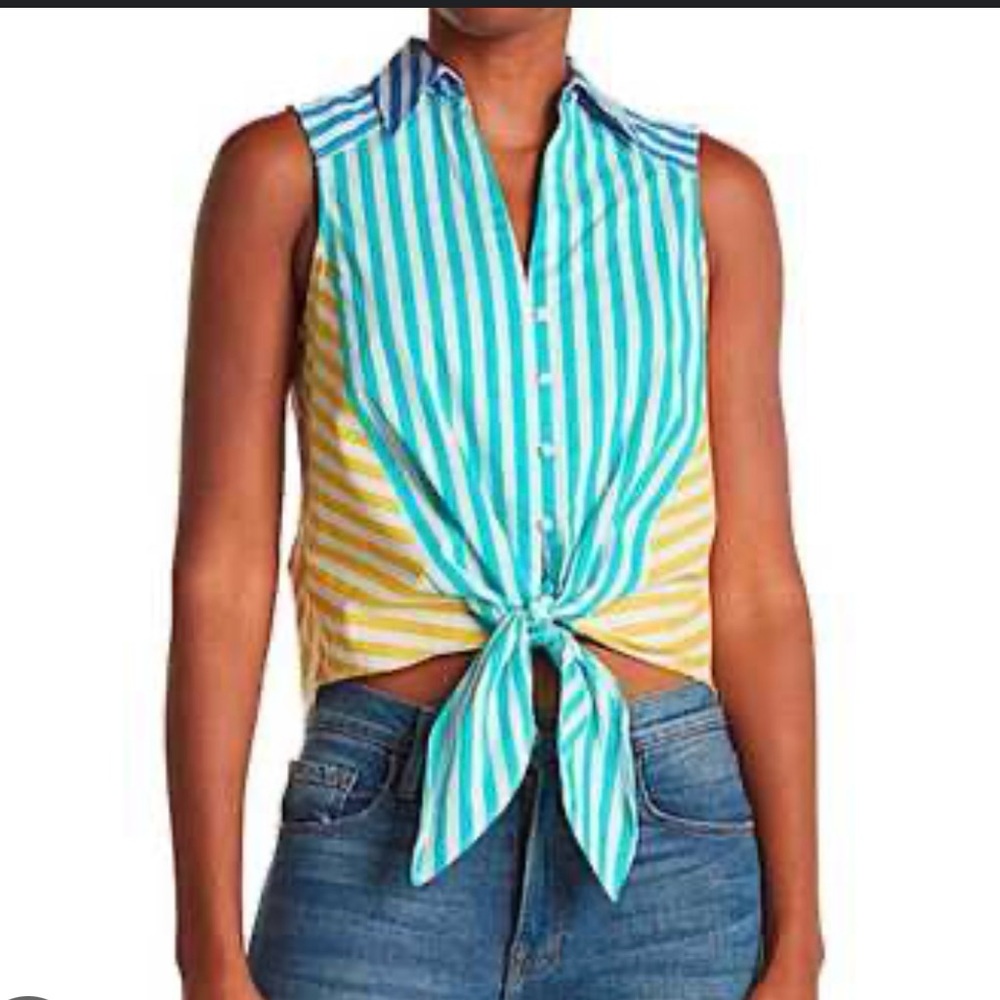 NWT, BCBGMaxAzria Blue and Yellow Striped Tie-Front Shirt